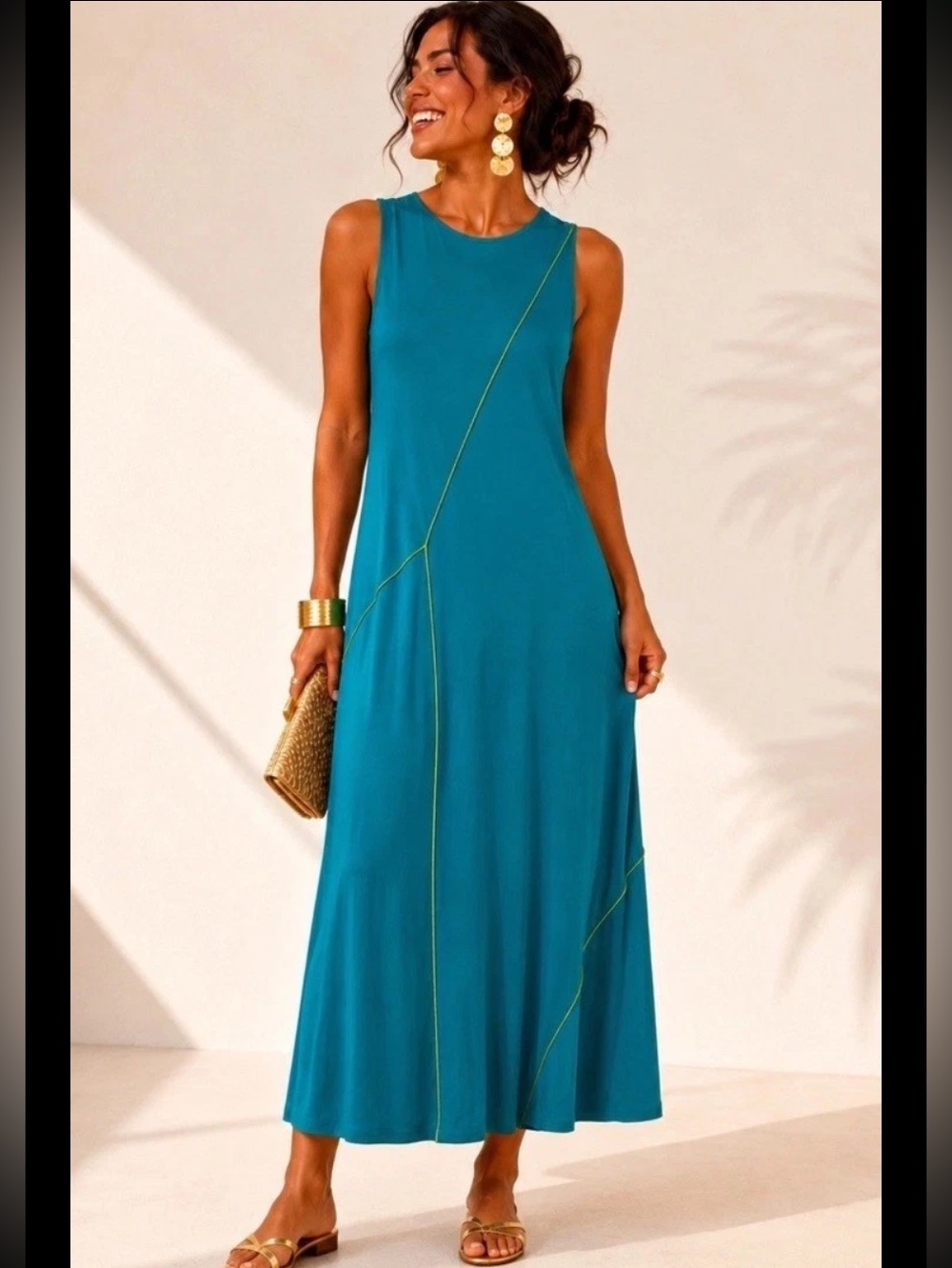 NEW Soft Surroundings Maxi Dress Teal Blue Lime Green Exposed Seams Sleeveless M